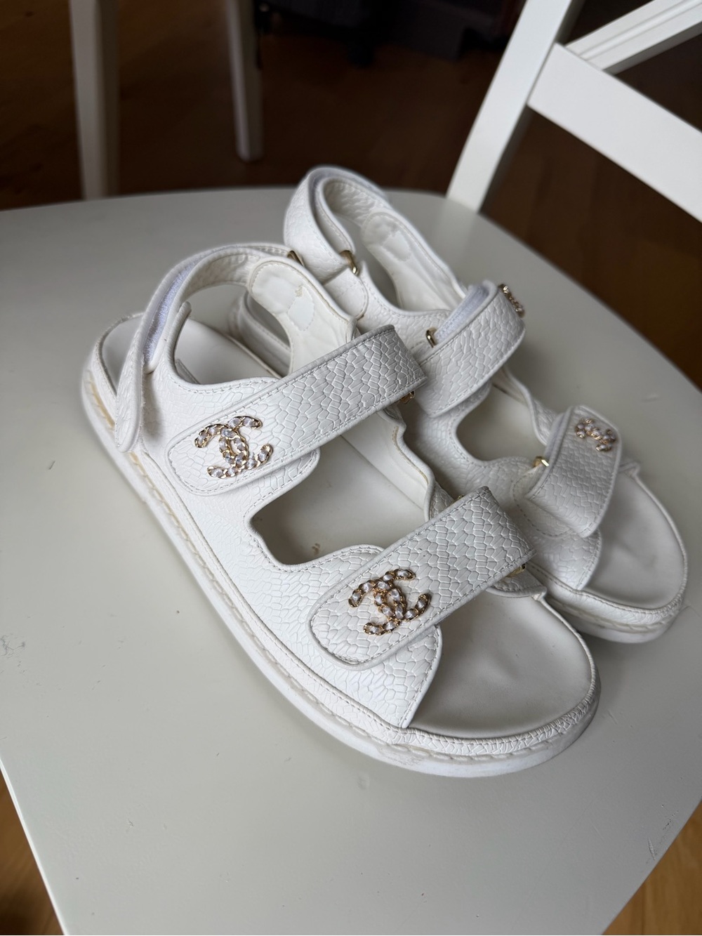 CHANEL White Quilted Logo Double-Strap Sandals